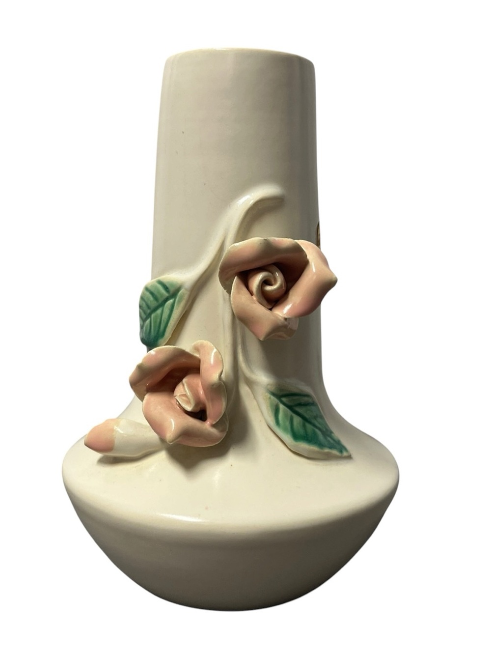 Cream Ceramic Vase with Pink Rose Accents